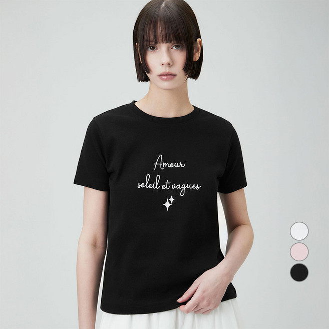 ELLEPARIS 여성용 통기성 슬림핏 자수 그래픽 반팔 립 Amour 티셔츠