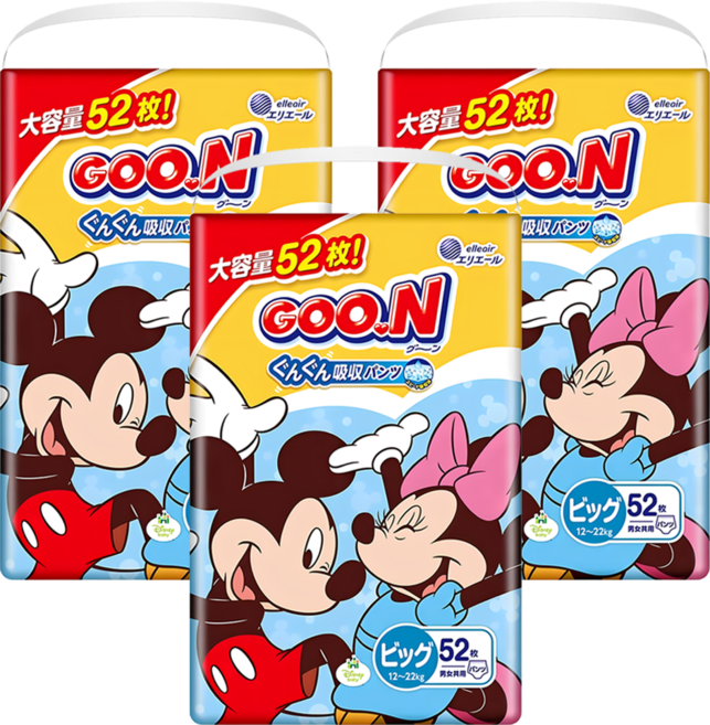 GOO.N 大王 日本境內版 瞬吸貼合褲型尿布 迪士尼版12~22kg, XL, 156片