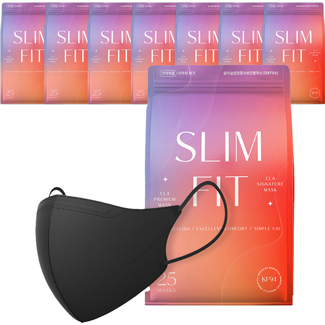 CLA 슬림핏 라이트 패키지 새부리형 보건용 마스크 소형 KF94, 25개입, 8개, 블랙