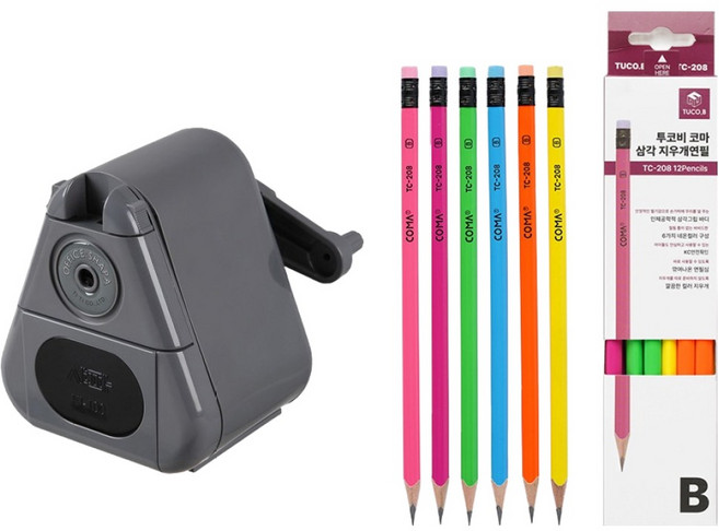 티티 오피스 샤파 연필깎이 KI-100-office + 투코비 코마 삼각 지우개 연필 TC-208 6종 x 2p 세트, 회색(연필깎이), 1세트