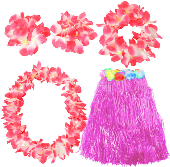 하와이안 훌라스커트 + 목걸이 + 화관 + 팔찌 2p 세트, 핑크, 1세트