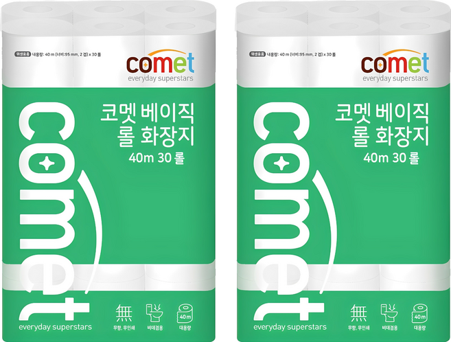 코멧 베이직 2겹 롤화장지 40m, 30개입, 2개