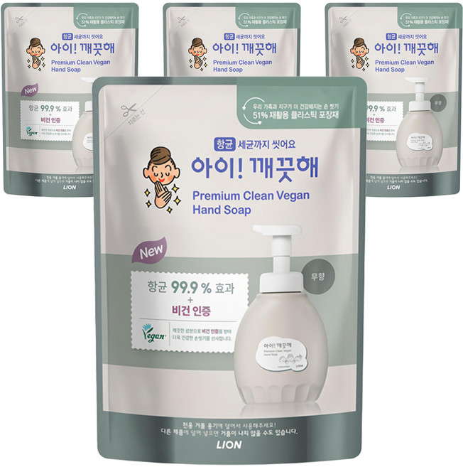 아이깨끗해 프리미엄 클린 비건 폼 핸드솝 무향 리필, 400ml, 4개