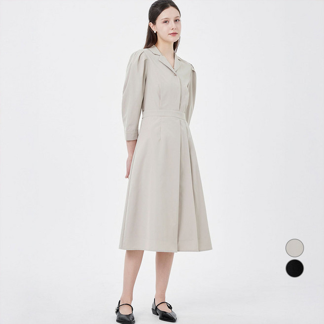 ELLE PARIS 여성용 오픈 카라 원사이드 플리츠 롱 드레스