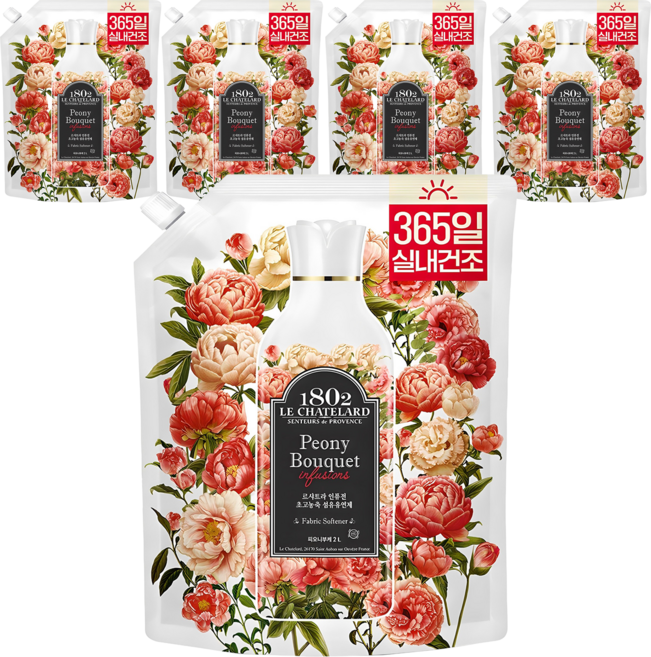 르샤트라1802 인퓨전 초고농축 실내건조 섬유유연제 피오니부케향 리필, 2L, 5개