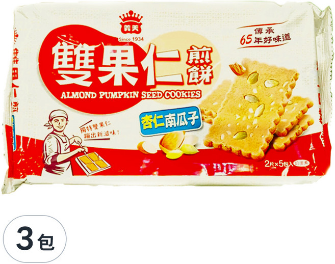 義美 雙果仁煎餅 杏仁南瓜子, 100g, 3包