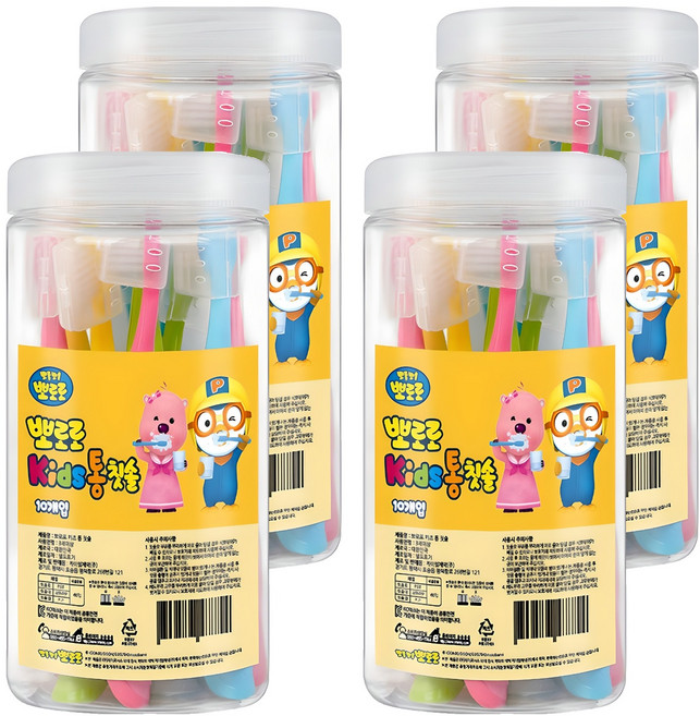 케이엠제약 뽀로로 키즈 통 칫솔, 핑크 + 옐로우 + 그린 + 블루, 10개입, 4세트
