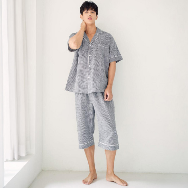 Lunaluz 男士鬆餅格紋短袖翻領兩件式睡衣