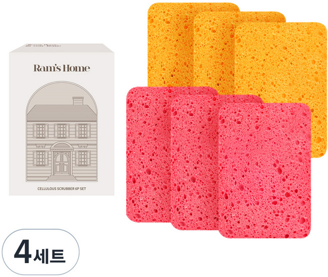 람스홈 셀룰로오스 우드펄프 흠집제로 수세미 옐로우 + 핑크 세트, 6개입, 4세트