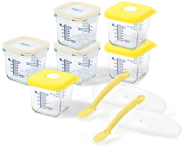 글라스락 베이비 큰용량 눈금 이유식 보관용기 사면결착캡 3p + 스마일캡 3p + 온도감지 실리콘 스푼 2p, 270ml, 옐로우, 1세트