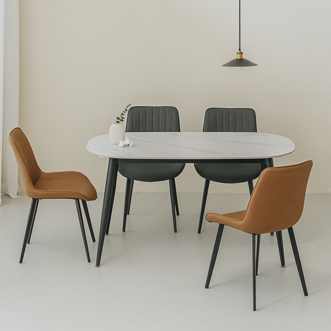 퍼리든 도프트 타원 세라믹 식탁 + 의자 세트 4인용 1400 방문설치, 마블블랙 + 그레이 + 브라운, 일반의자 4