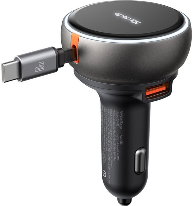 맥도도 차량용 2포트 C타입 케이블 일체형 고속충전기 80W CC-485, 블랙, 1개