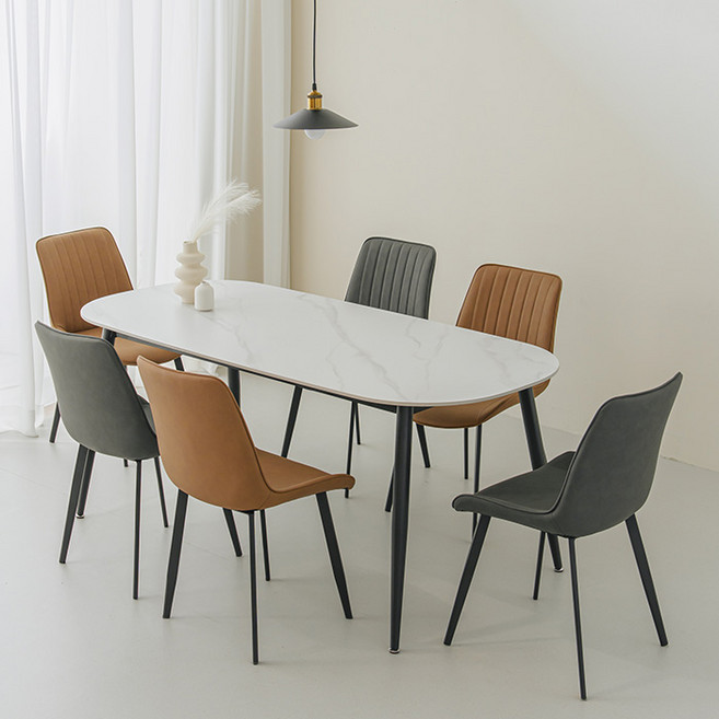 퍼리든 도프트 타원 세라믹 식탁 + 의자 세트 6인용 1800 방문설치, 마블블랙 + 그레이 + 브라운, 일반의자 6