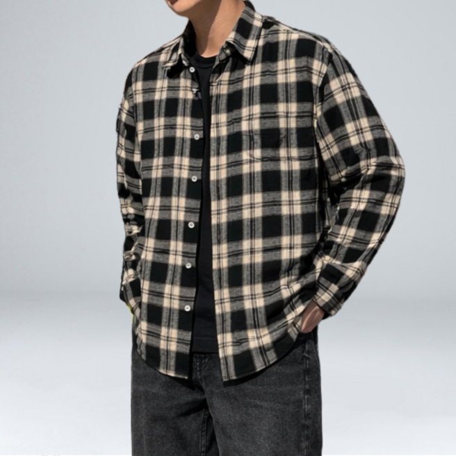 이브클로젯 남성용 체크 오버핏 코튼 긴팔 셔츠 6657-1