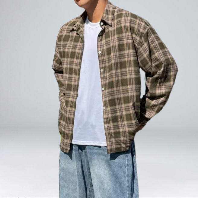 이브클로젯 남성용 체크 오버핏 코튼 긴팔 셔츠 6657-1