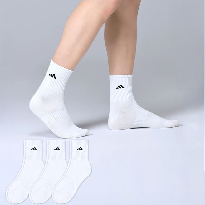 adidas 愛迪達 男款基本中筒運動襪, 黑色標誌 + 白色, 3個
