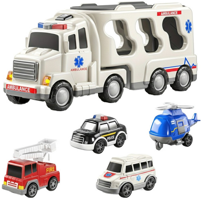 PLAYFUL TOYS 頑玩具 聲光運輸車 附小車 4個, 白色 + 黑色 + 紅色, 1組