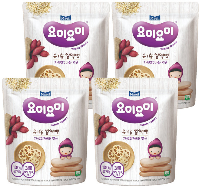 요미요미 유기농 쌀떡뻥, 자색고구마와 연근, 30g, 4개