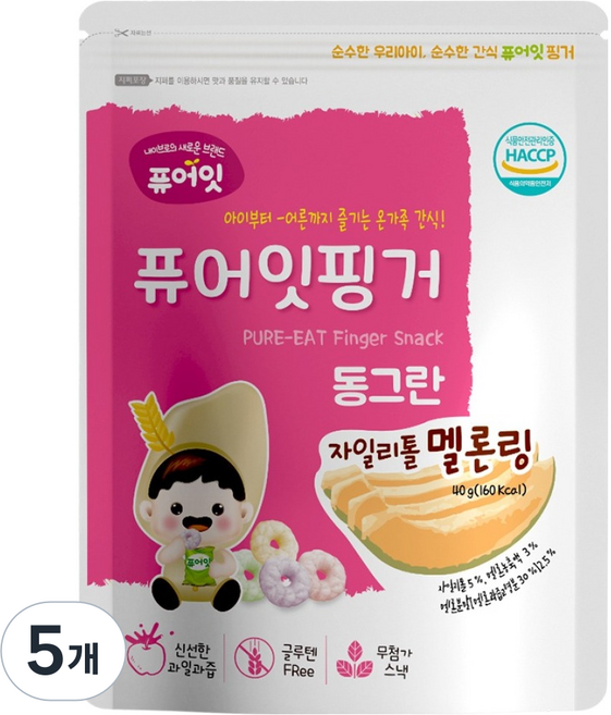 퓨어잇 퓨어잇핑거 동그란 자일리톨 과일링, 멜론, 40g, 5개