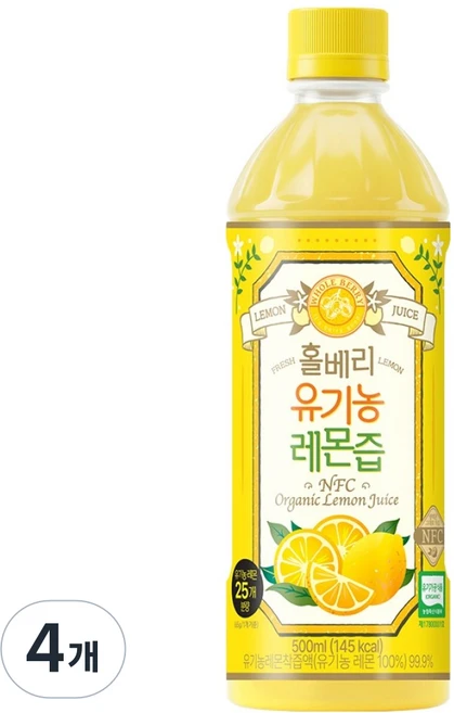 홀베리 유기농 레몬즙 페트, 500ml, 4개 - 쿠팡