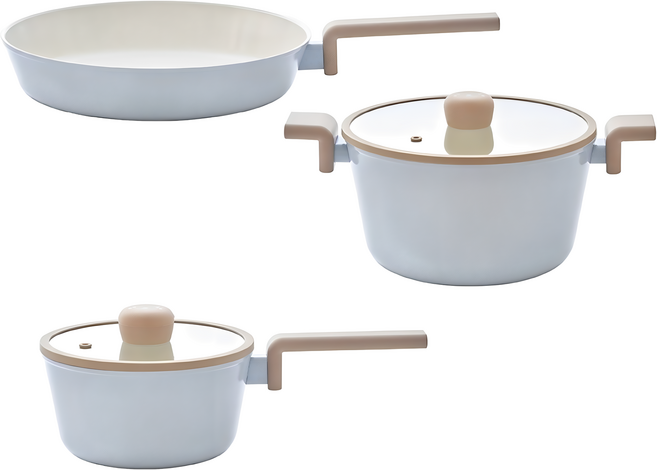 NEOFLAM 台灣原廠公司貨 NeoBear妞妞熊系列陶瓷塗層鍋具3鍋組, 藍色, 1套, 28公分平底鍋 + 24公分雙耳湯鍋 + 24公分玻璃蓋 + 18公分單柄湯鍋 + 18公分玻璃蓋