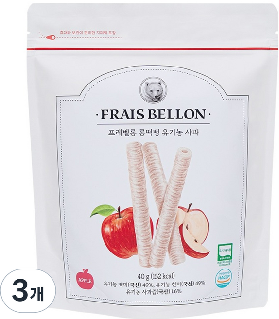 프레벨롱 롱떡뻥, 40g, 3개, 유기농 사과