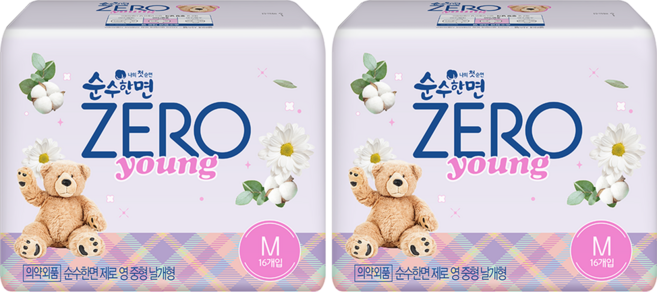 순수한면 제로 영 생리대 날개형, 중형, 16개입, 2개