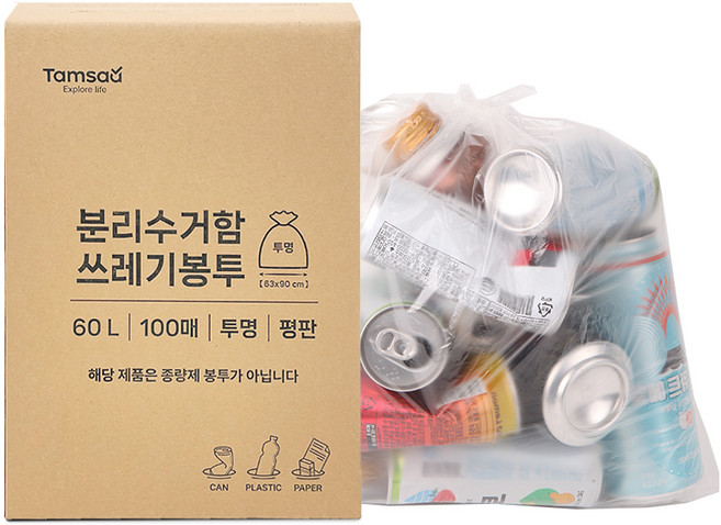 탐사 분리수거 쓰레기봉투 평판 투명 100p, 1개, 60L