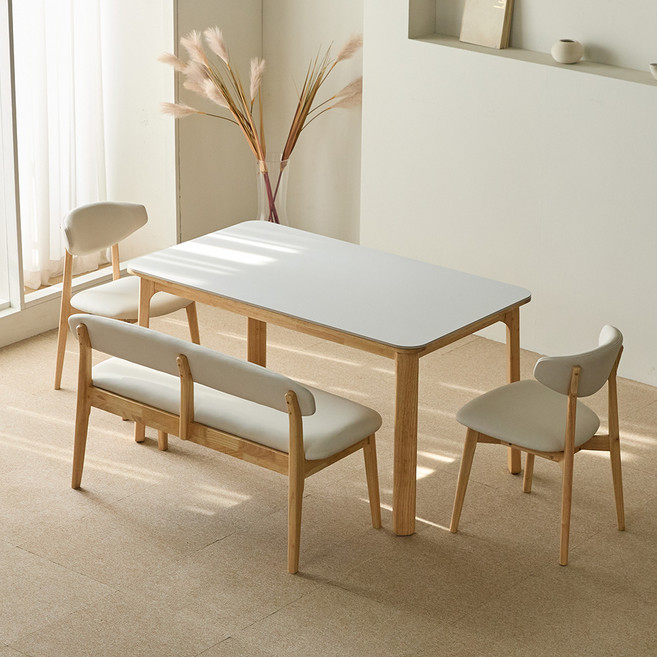 리샘 토리 세라믹 원목식탁 + 벨체어 A의자 + 벤치 세트 4인용 방문설치, 내추럴, 일반 2 + 벤치 1