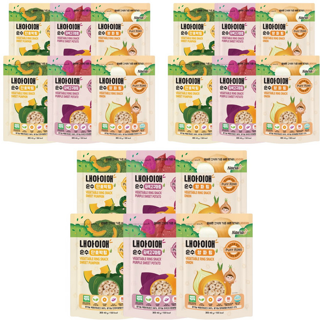 내아이애 순수 유기농 야채 퍼프링 3종, 단호박, 자색고구마, 양파, 6세트, 240g