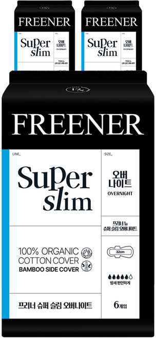 프리너 뉴 슈퍼 슬림 유기농 생리대 날개형, 오버나이트, 6개입, 3개