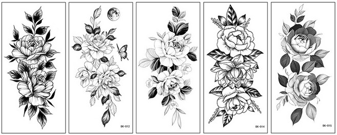 스케치 타투 장미 꽃 흑백 문신 스티커 5종 세트, BK-03, 1세트