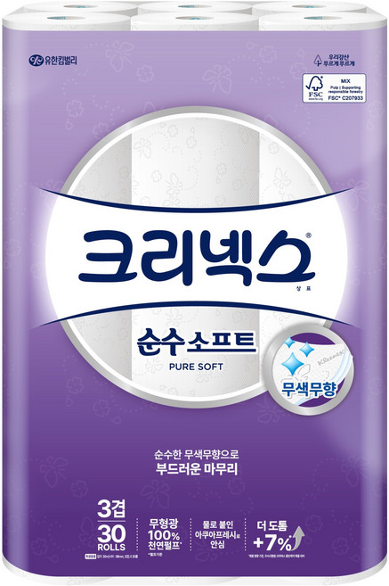 크리넥스 3겹 순수 소프트 천연펄프 롤화장지, 30m, 30개입, 1개