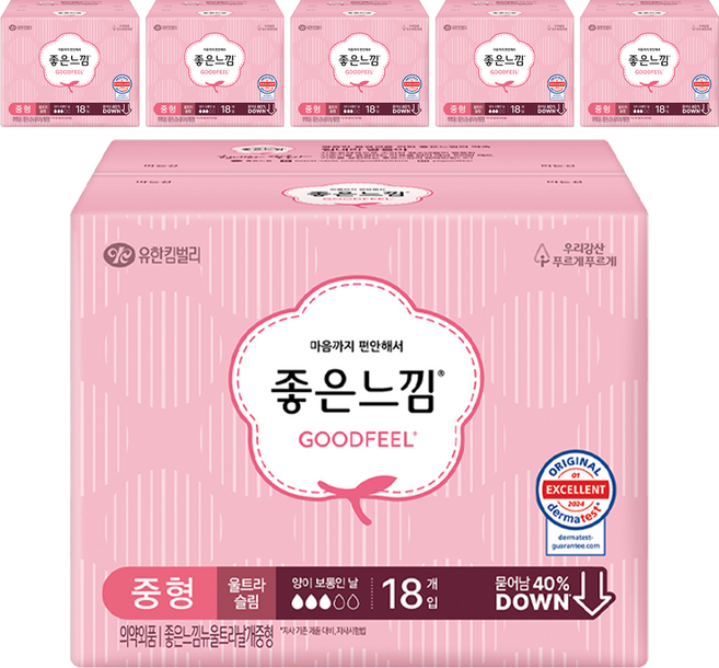 좋은느낌 울트라 슬림 생리대 날개형, 중형, 18개입, 6개