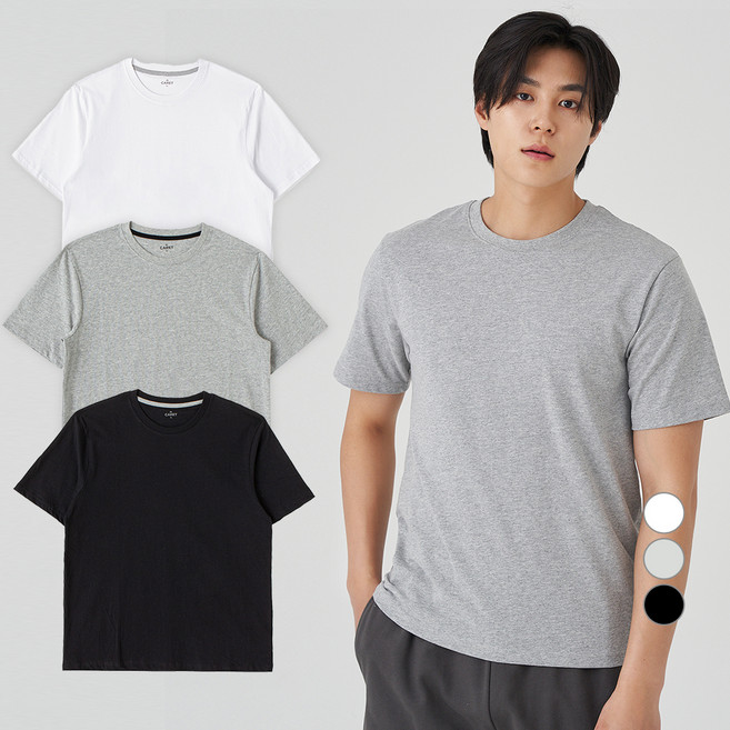CARET 透氣基本款圓領短袖T恤 3件組, 白色, 黑色, 麻灰色