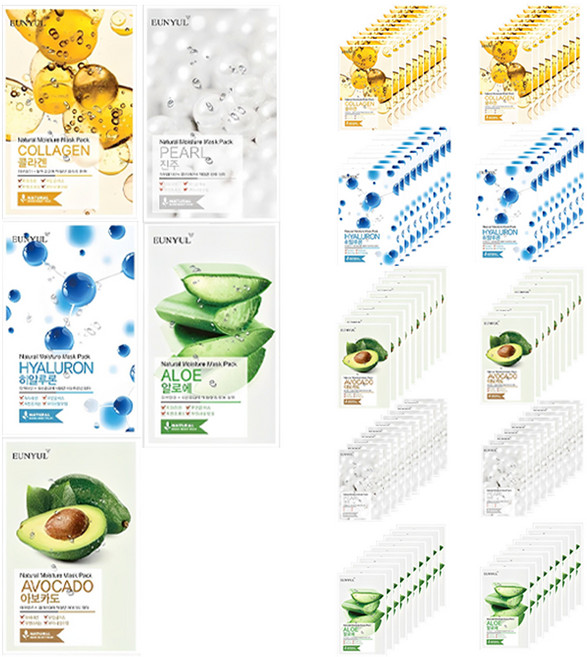 은율 내츄럴 모이스쳐 마스크팩 알로에 10p + 콜라겐 10p + 진주 10p + 히알루론 10p + 아보카도 10p, 50개입, 2개