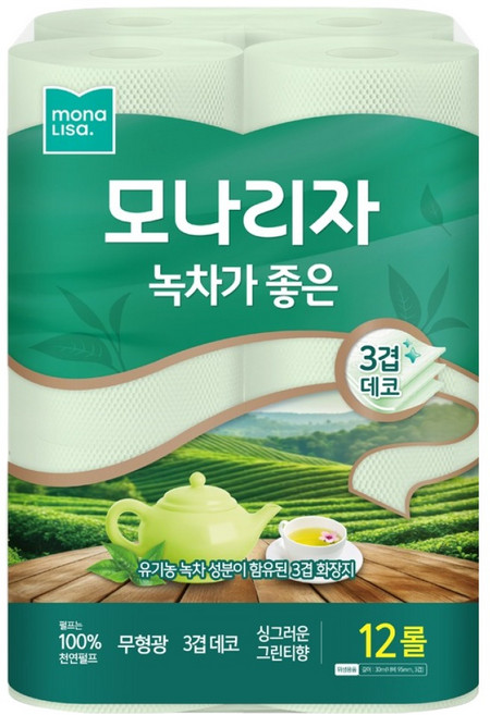 모나리자 녹차가 좋은 천연펄프 3겹 고급롤화장지, 30m, 12롤, 1개
