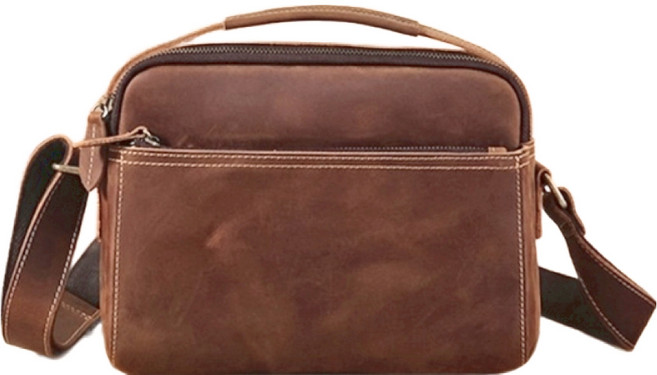 真皮頭層瘋馬牛皮復古男士肩背包斜背包 棕色