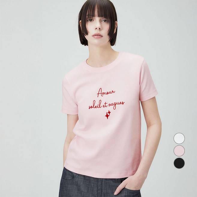ELLEPARIS 여성용 통기성 슬림핏 자수 그래픽 반팔 립 Amour 티셔츠