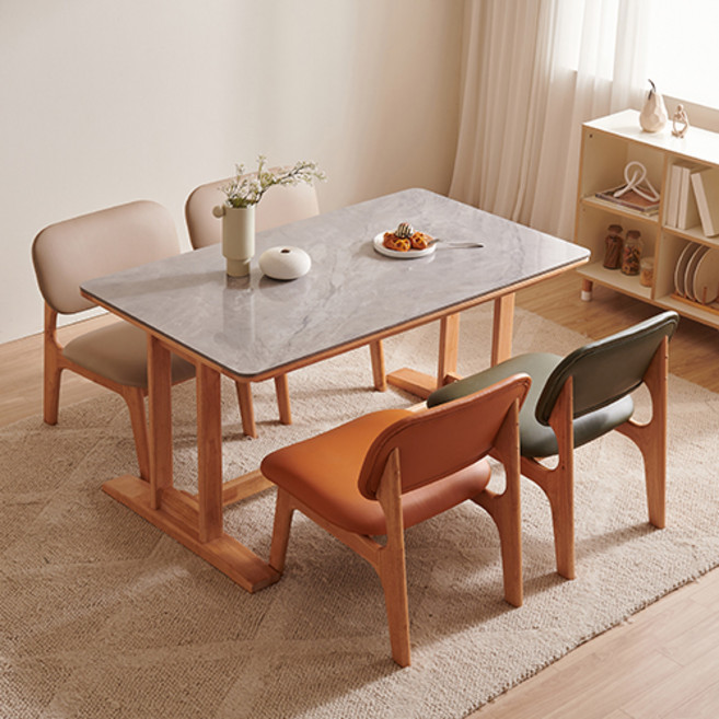 잉글랜더 마샤 통세라믹 원목 낮은 식탁 + 의자4p 세트 방문설치, 식탁(그레이+내츄럴), 의자(카키+카멜+베이지2p), 4인용