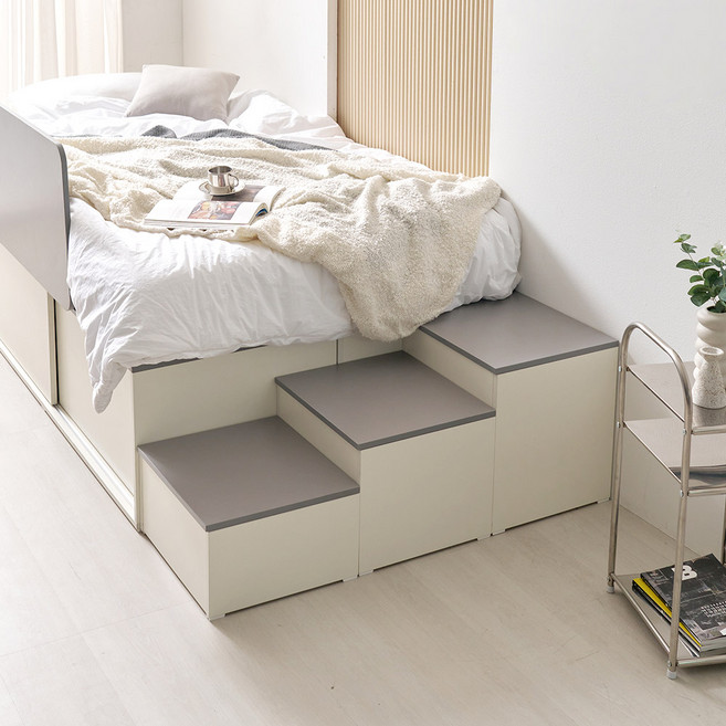 베디스 버디 빅수납 LPM 평상형 침대 프레임 + 안전가드 + 3단 수납 계단 세트 방문설치, 혼합색상