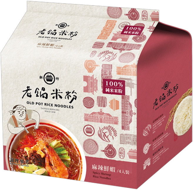 老鍋米粉 麻辣鮮蝦風味湯米粉, 60g, 4包, 1袋
