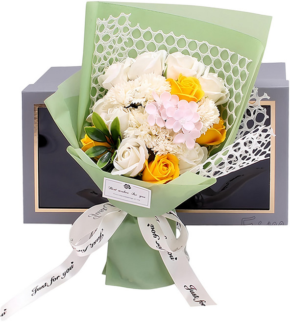 香皂花禮盒 19朵 玫瑰13朵 + 康乃馨5朵 + 绣球 + 小卡 300g, 奶白色, 1盒