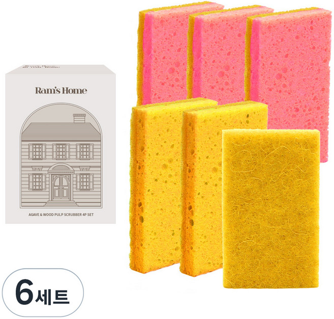 람스홈 셀룰로오스 아가베 무흠집 수세미 6개입 옐로우 핑크, 6세트
