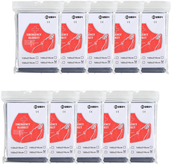 알뜰공식 비상용 보온 은박 담요 대 160 x 210 cm, 실버, 10개
