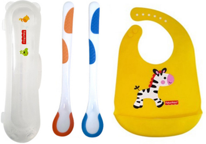 피셔프라이스 온도감지 이유스푼 2종 + 케이스 + 실리콘 턱받이 옐로우, 혼합색상, 1세트