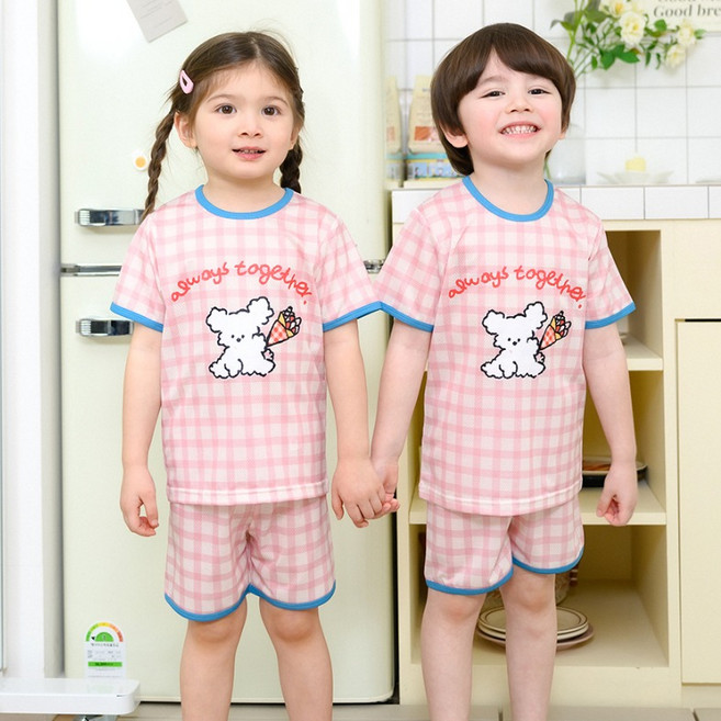 보누맘 아동용 냉감 통기성 꽃다발멍멍이 5부 에어매쉬 실내복 상하의 세트