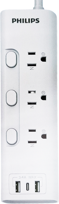 PHILIPS 飛利浦 3開3插 3.4A 2USB + Type C 延長線 CHP4736WA/96, 1.8m, 白色, 1個
