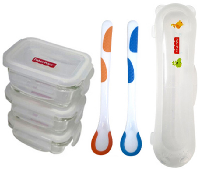 피셔프라이스 온도감지 이유스푼 2p + 스푼 케이스 + 유리 밀폐 이유식 용기 3p, 혼합색상, 1세트