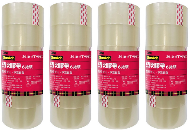 3M Scotch 封箱膠帶 3010-6T90YD 48mm x 90y, 透明, 24個